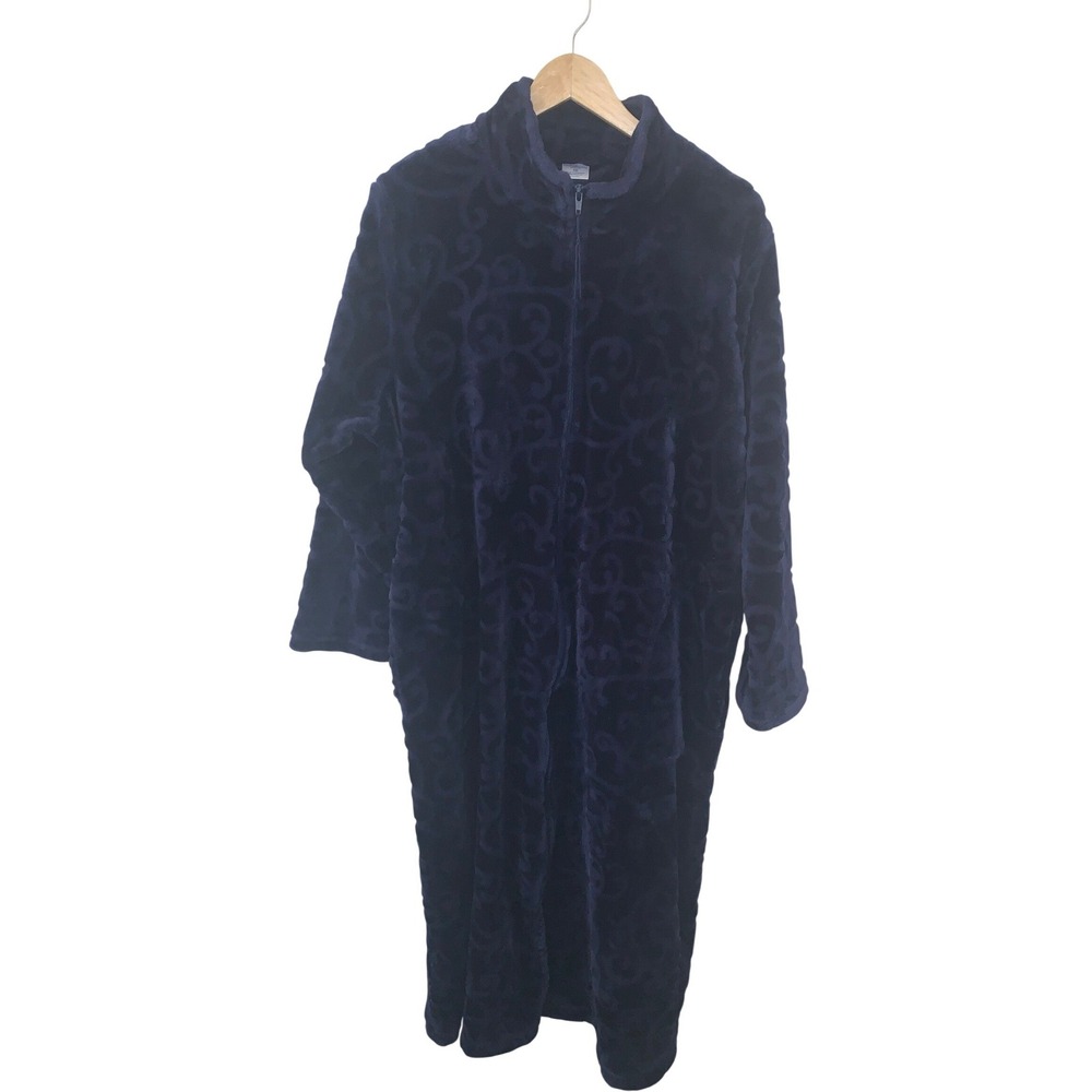 Croft & Barrow Navy Blue Faux Fur Full Zip Long‎ Robe Plus Size 1X Mock Neck